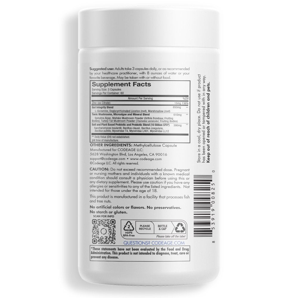 Codeage Gut Health Vegan Formula, L Glutamine, Zinc, Mushrooms, Licorice, Probiotics & Prebiotics, 180 Ct