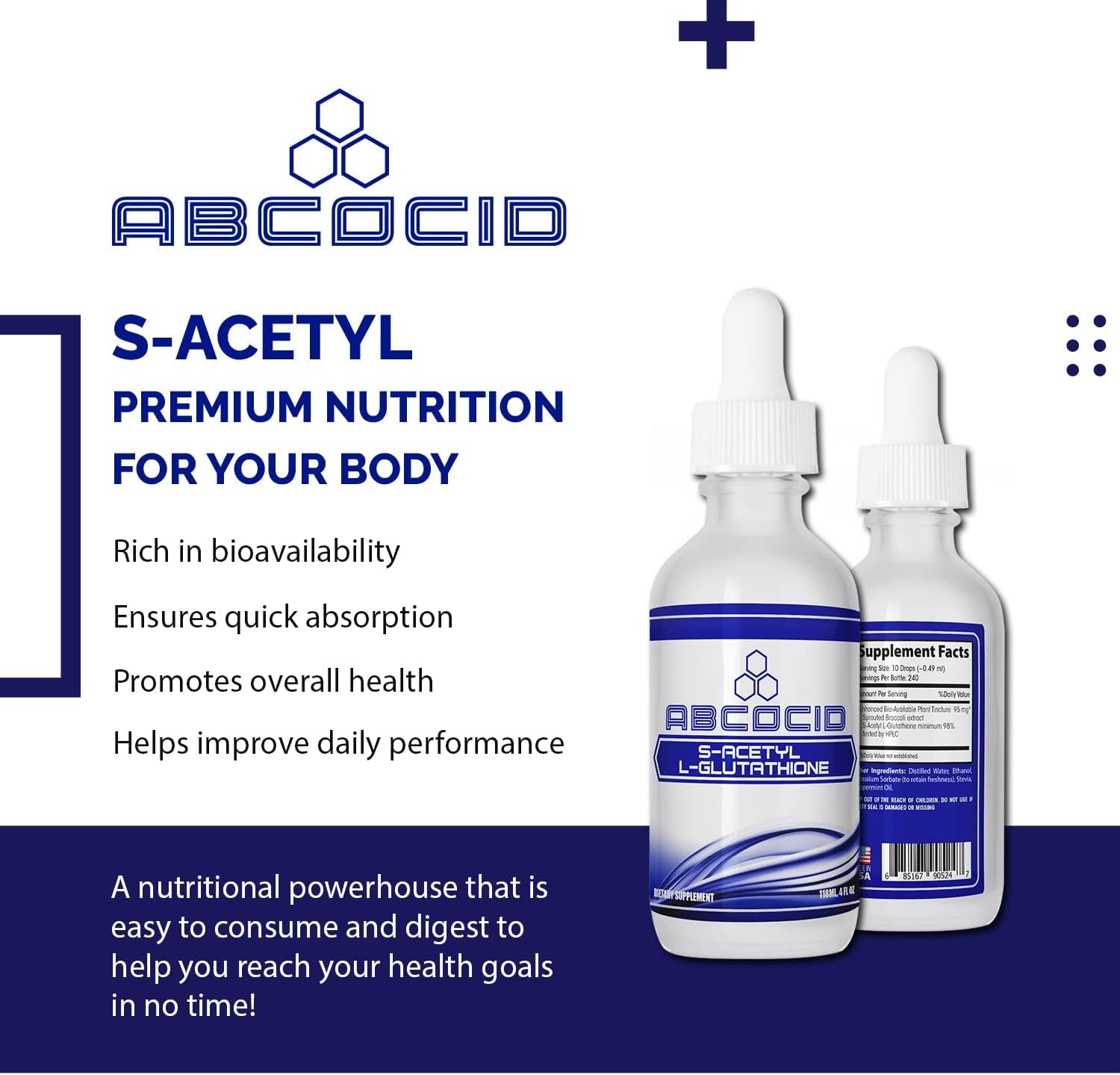 ABCOCID S-Acetyl L-Glutathione 95 Mg, 4 Oz Liquid, 240 Servings, Made in USA, Quick Absorption, Quality Potent Ingredients, Non-Gmo, GMP Certified, Cruelty-Free Products