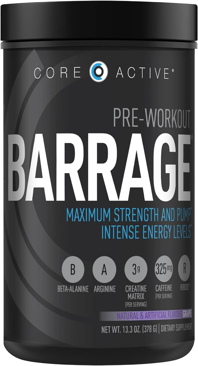 (CORE)ACTIVE Barrage Pre Workout Powder - Preworkout for Women & Men, Creatine Powder, Beta Alanine, Agmatine Sulfate, & Caffeine - Muscle Builder for Men with Intense Energy - Grape (30 Servings)