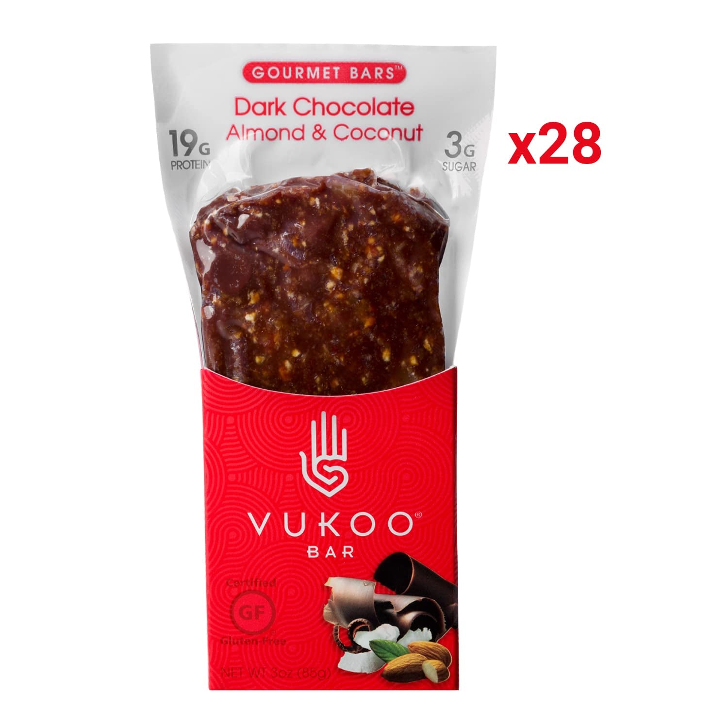 Vukoo Refrigerated Protein Bars – Dark Chocolate Almond Coconut Flavor – 28 Pack – 19G of Protein – Healthy Organic Oats – Nutritional High Protein Snacks – Low Sugar – High Fiber – Gluten Free