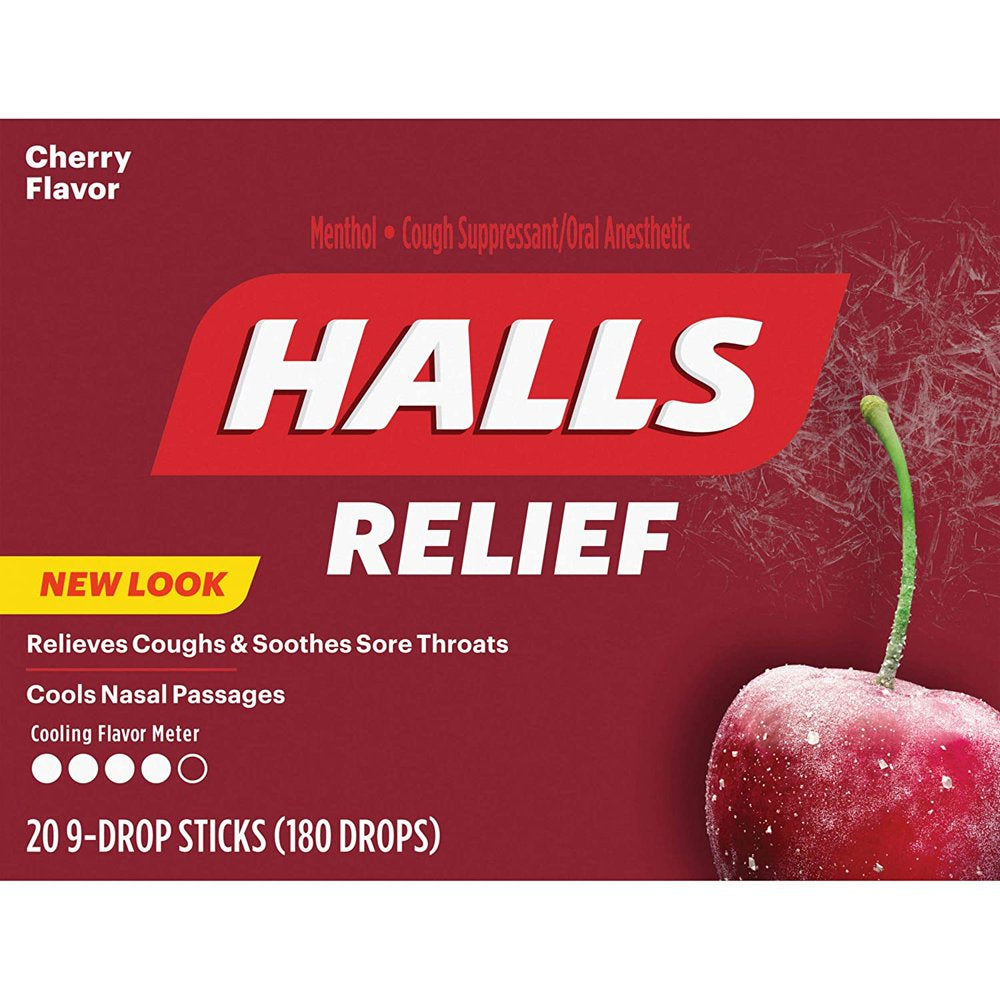 Halls Cherry Cough Drops - with Menthol - 180 Drops (20 Sticks of 9 Drops)