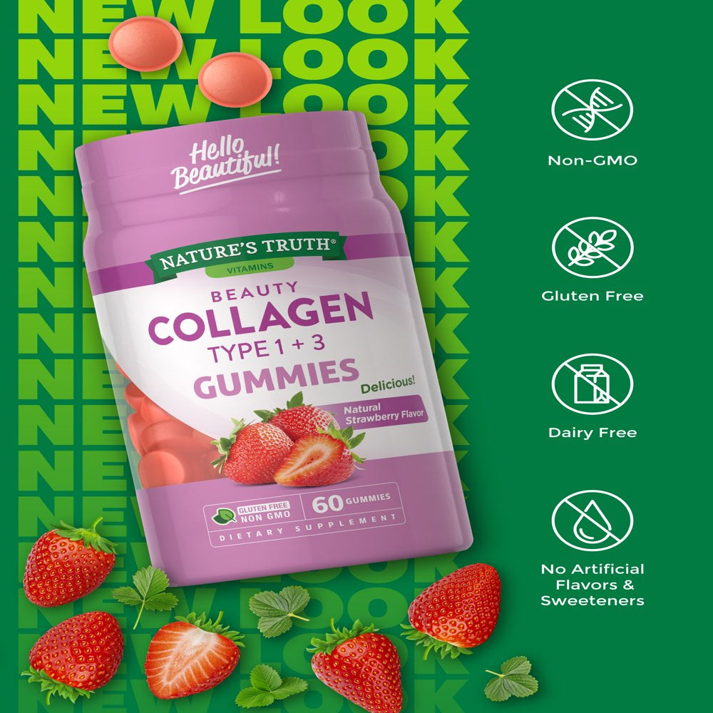 Nature'S Truth Beauty Collagen Gummies | 60 Count Type 1 and 3 | Natural Strawberry Flavor | Non-Gmo, Gluten Free Collagen Peptide Supplement