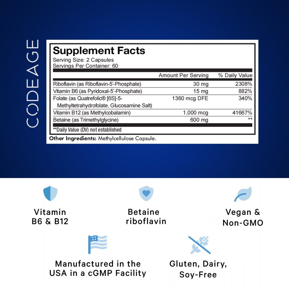 Codeage Methylfolate B Complex, Riboflavin, 2-Month Supply, Vitamins B6 & B12, 5 MTHF, Methylation, 120 Ct