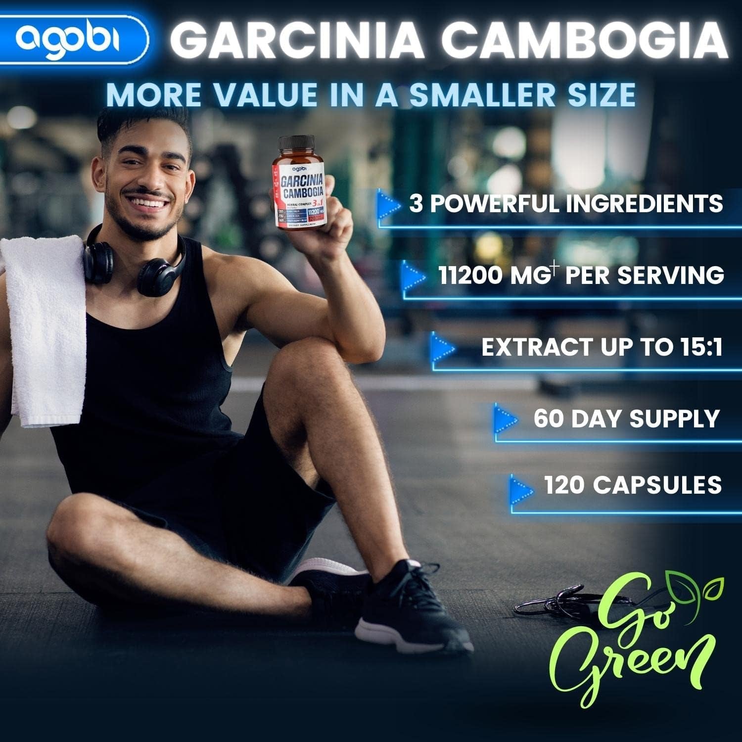 Agobi 3In1 Garcinia Cambogia Extract Capsules - 11200Mg Herbal Supplement for Body Health & Immune Support - Blended with Organic Green Tea & White Kidney Bean - 120 Vegan Capsules - 2 Month Supply