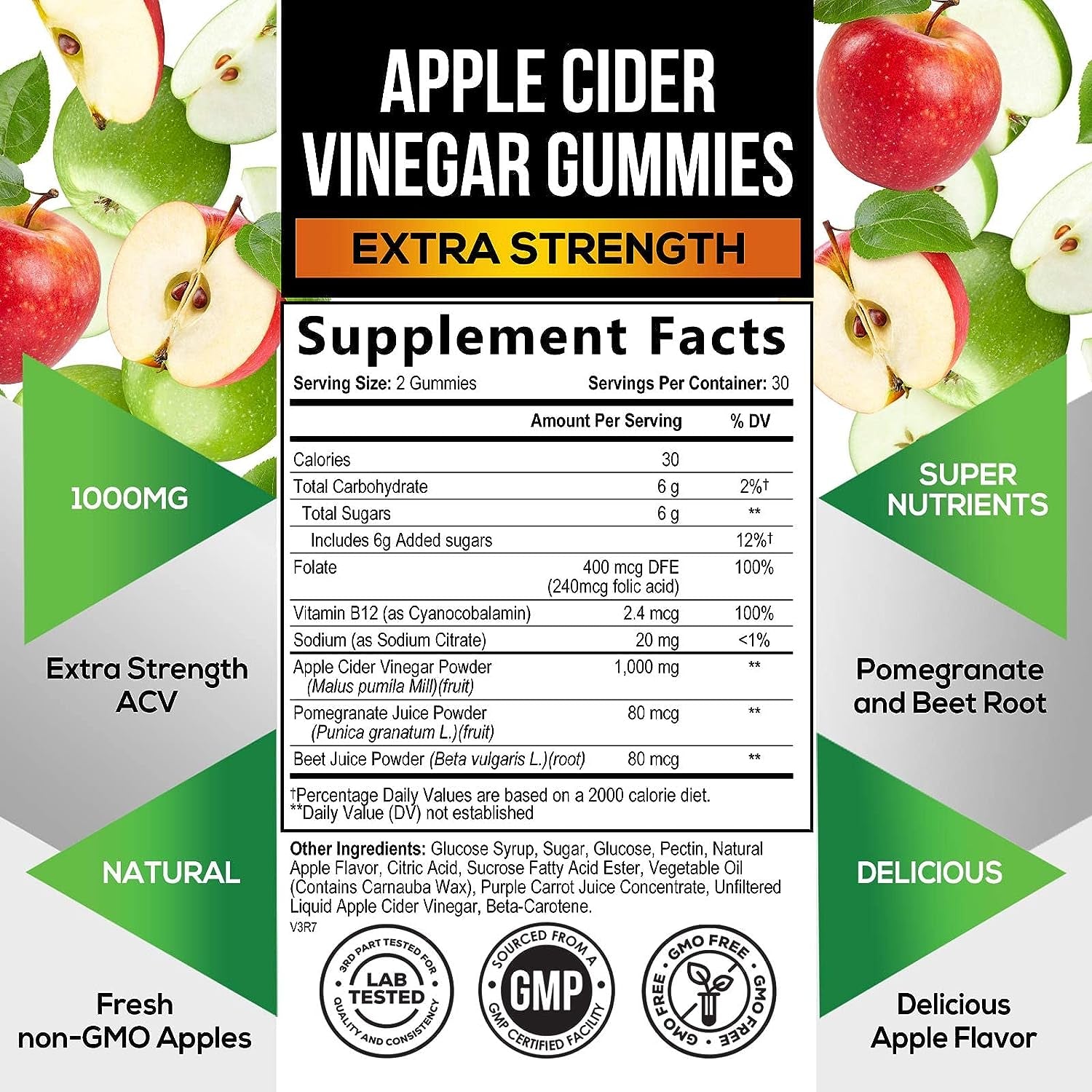 Vegan Apple Cider Vinegar Gummies | Max Strength 1000Mg | ACV Supplement Gummy for Adults, Supports Healthy Digestion, Metabolism, Natural Apple Flavor with Mother, Gluten Free, Non-Gmo - 60 Gummies