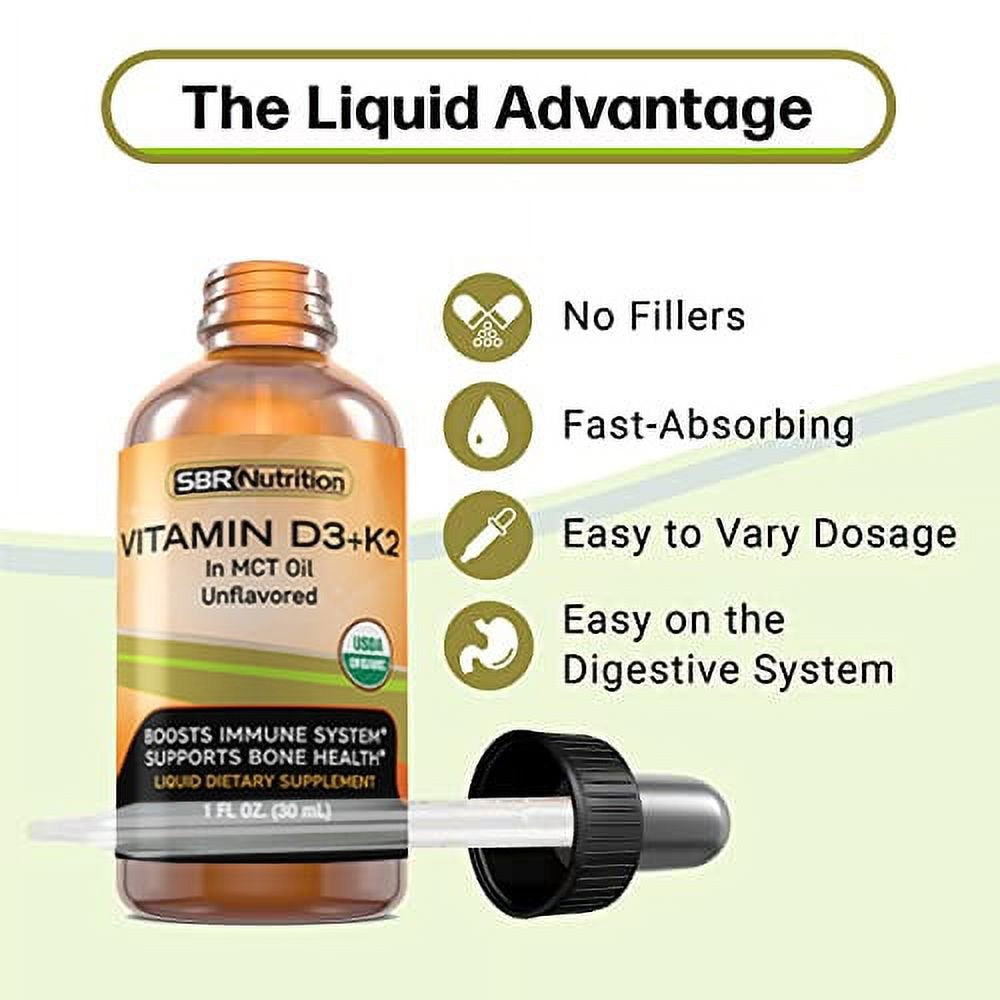 USDA Organic Vitamin D3 + K2 (MK-7) Sublingual Liquid Drops with MCT Oil | Naturally Unflavored | Helps Support Strong Bones and Healthy Heart, Boost Immune System