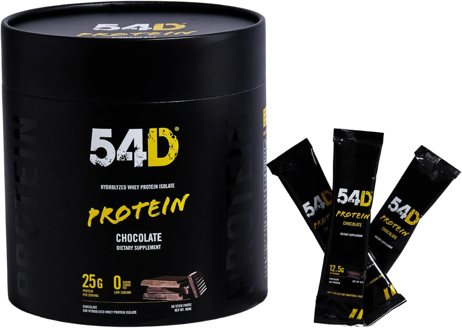 54D Protein Powder 25Gr, Hydrolyzed Whey Isolate, Repair Muscle Tissue after Workout, Sugar & Gluten Free, Chocolate, 60 Single Service Stick, 33.8 Oz