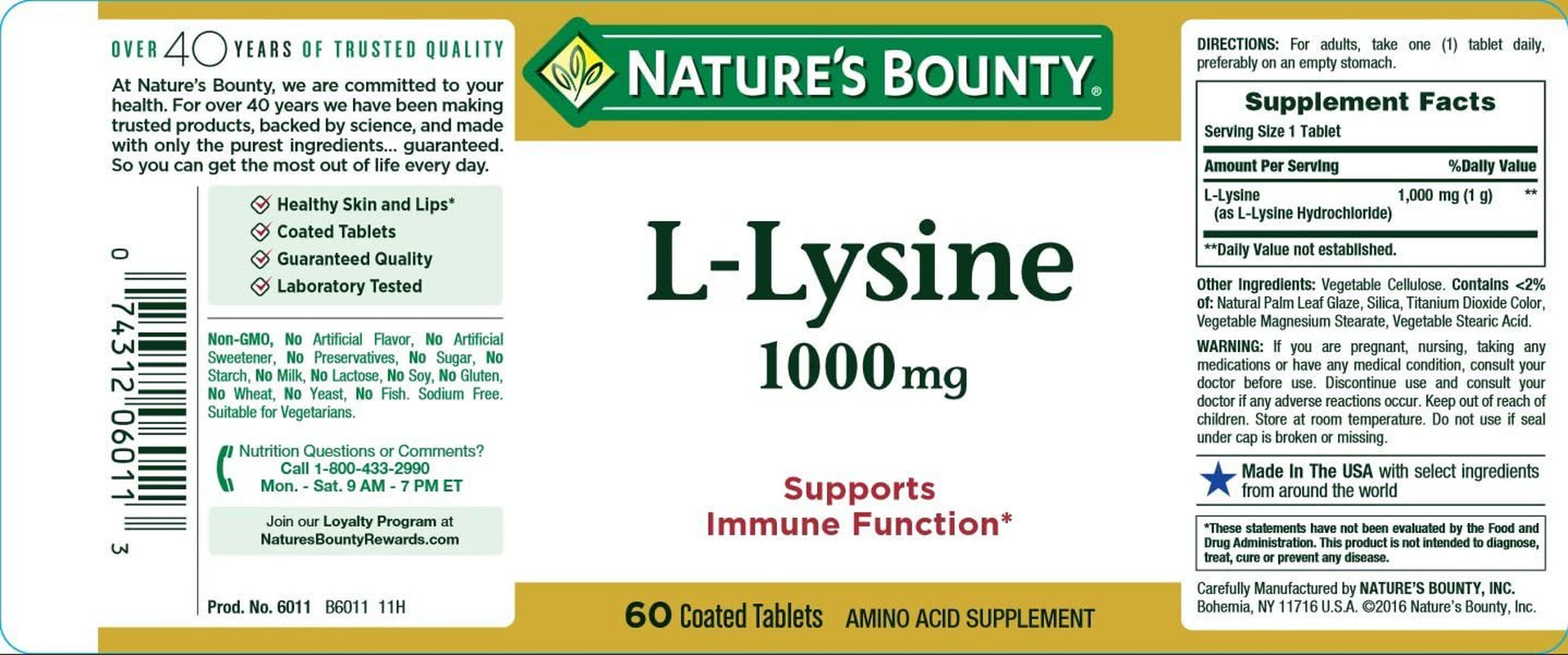 Nature'S Bounty L-Lysine 1000 Mg Tablets 60 Ea (Pack of 2)