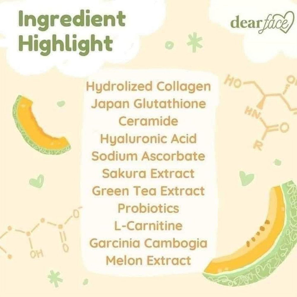 Dear Face Beauty Milk Japanese Collagen Melon Drink, 10 Sachets X 18G - 50,000Mg Hydrolyzed Collagen