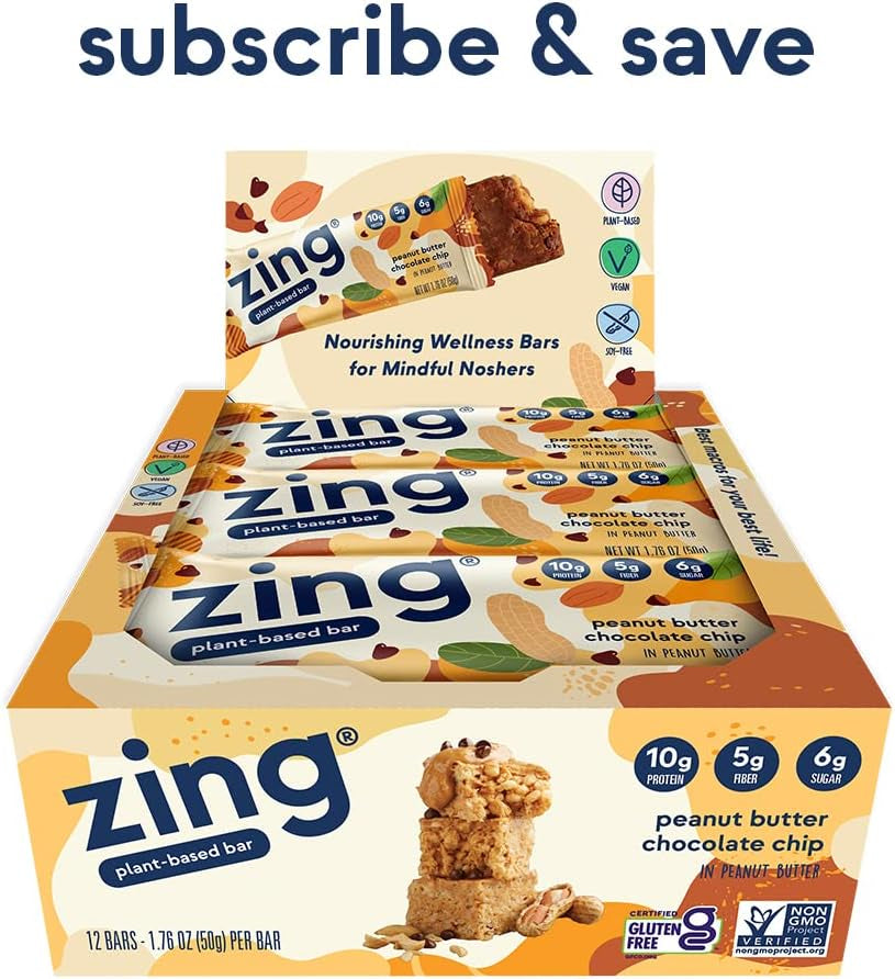 Zing Bars Plant Based Protein Bar, Peanut Butter Chocolate Chip Nutrition Bar, 10G Protein, 5G Fiber, Vegan, Gluten Free, Soy Free, Non GMO, 12 Count