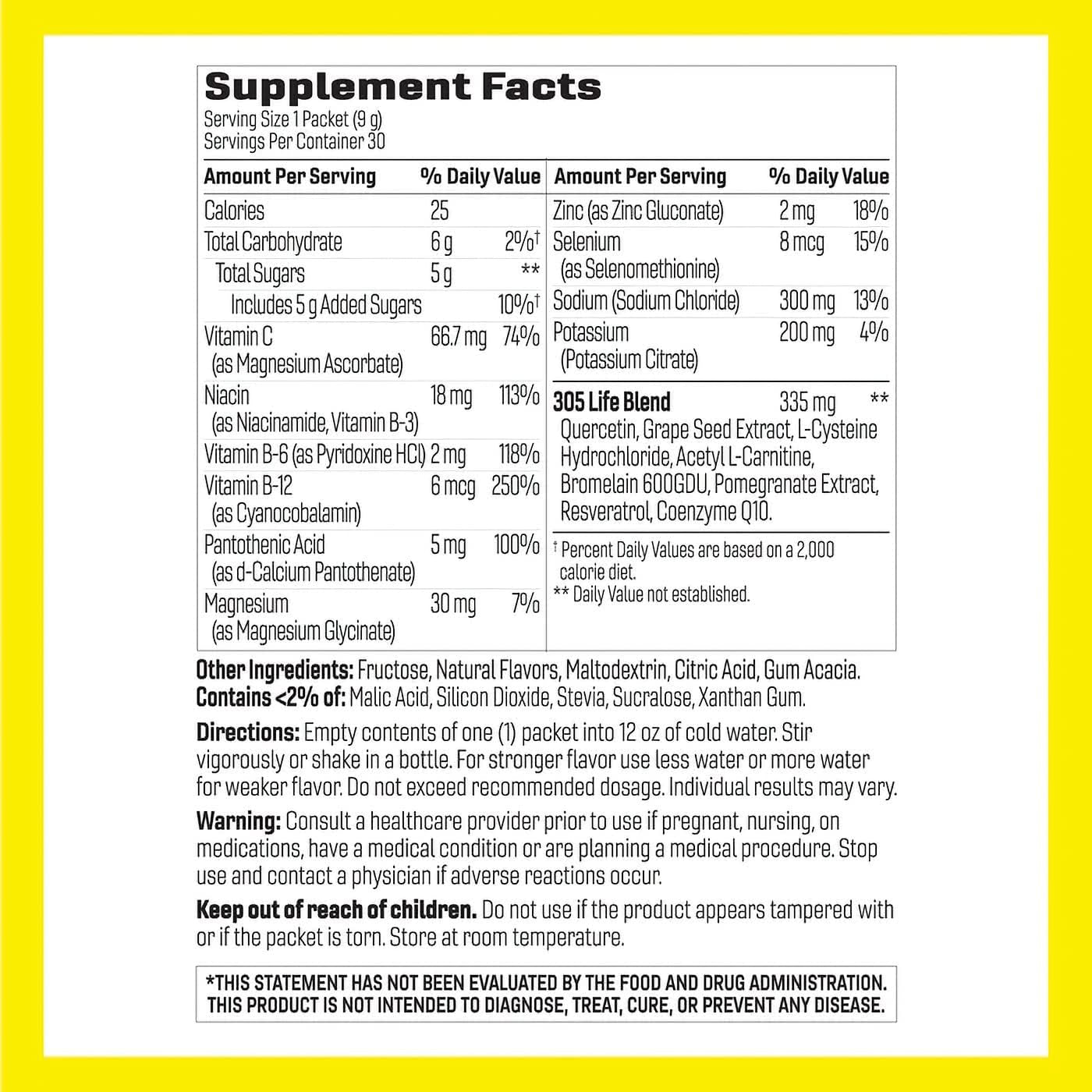 305 Life Recovery & Hydration Booster Drink Powder Supplement: Fast-Acting Hydration and Cardio Recovery with Immune Support in Easy-Open Single Servings - 30 Packets