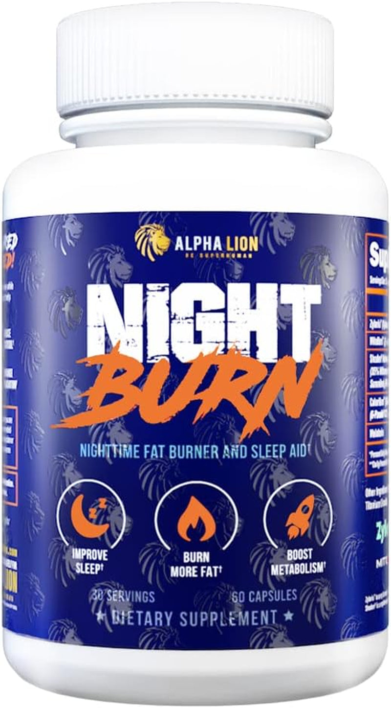 Alpha Lion Night Burn Sleep Support Supplement for Metabolism and Lean Muscle Growth, Helps Promote Relaxation, and Healthy Cortisol, Made with Ashwagandha & Melatonin, 60 Capsules