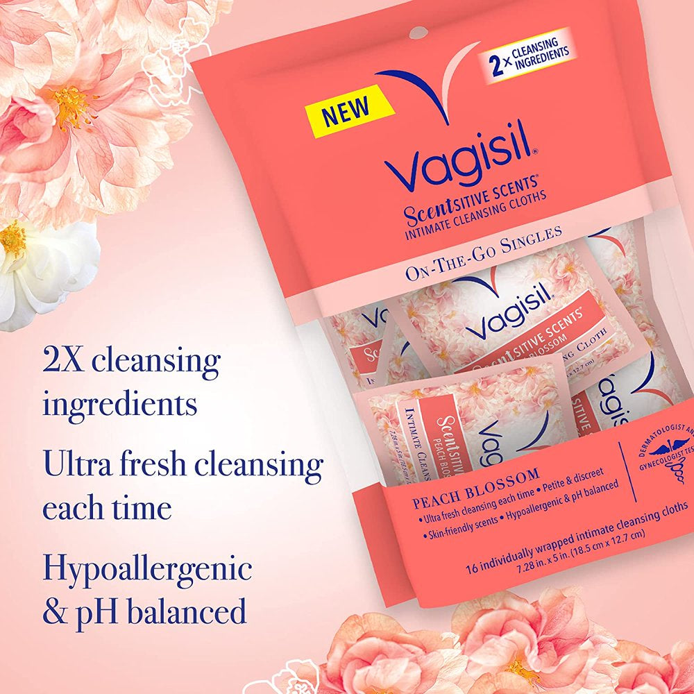 Vagisil Scentsitive Scents Peach Blossom Intimate Cleansing Wipes Cloths, 16 Count