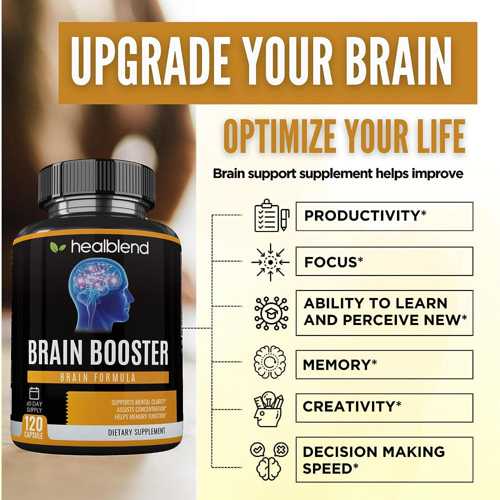 Healblend Brain Booster Supplement - Supports Mental Clarity, Concentration & Memory Function with Ginkgo Biloba, DMAE, Vitamin B12, Rhodiola, Alpha GPC - 120 Capsules