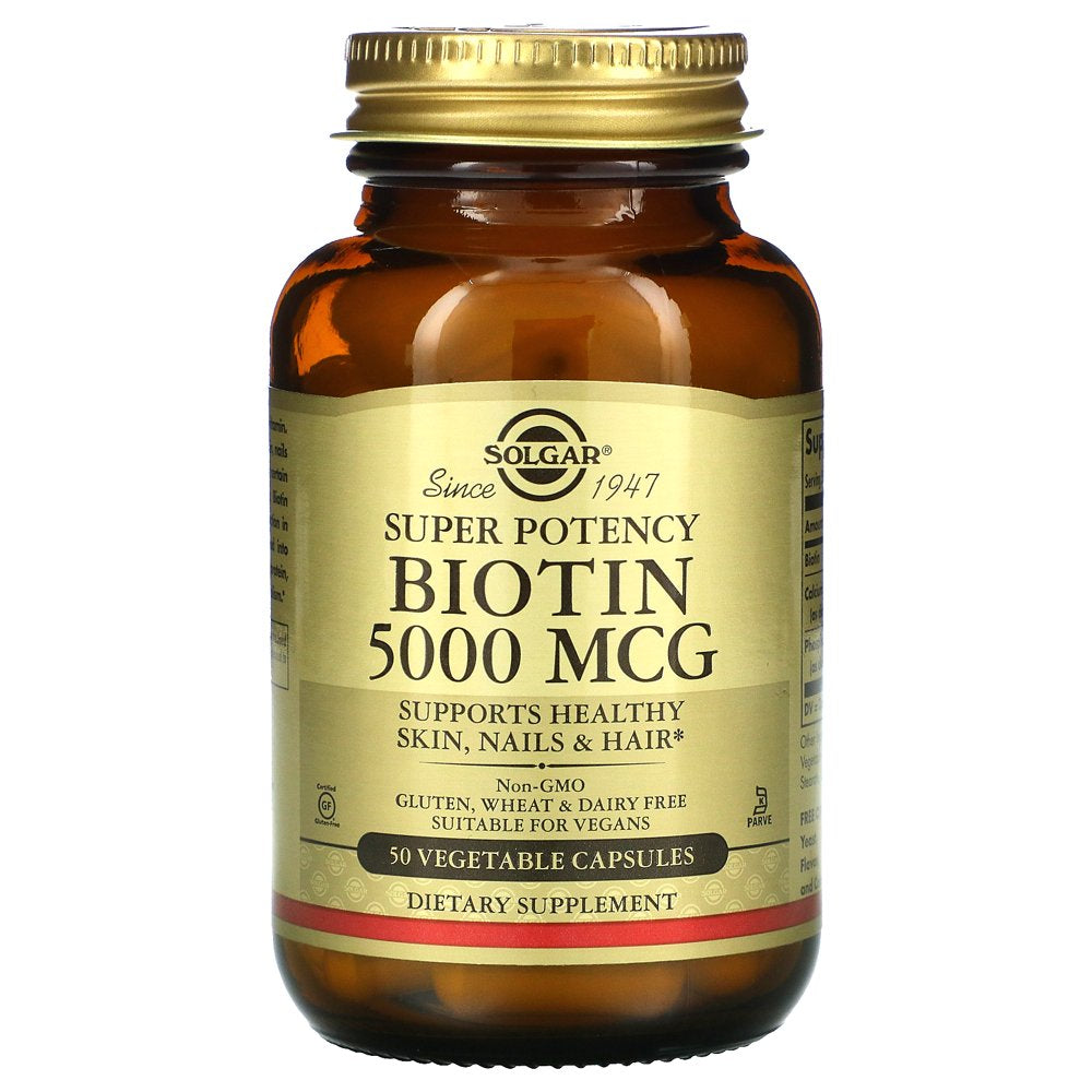 Biotin, 5,000 Mcg, 50 Vegetable Capsules, Solgar