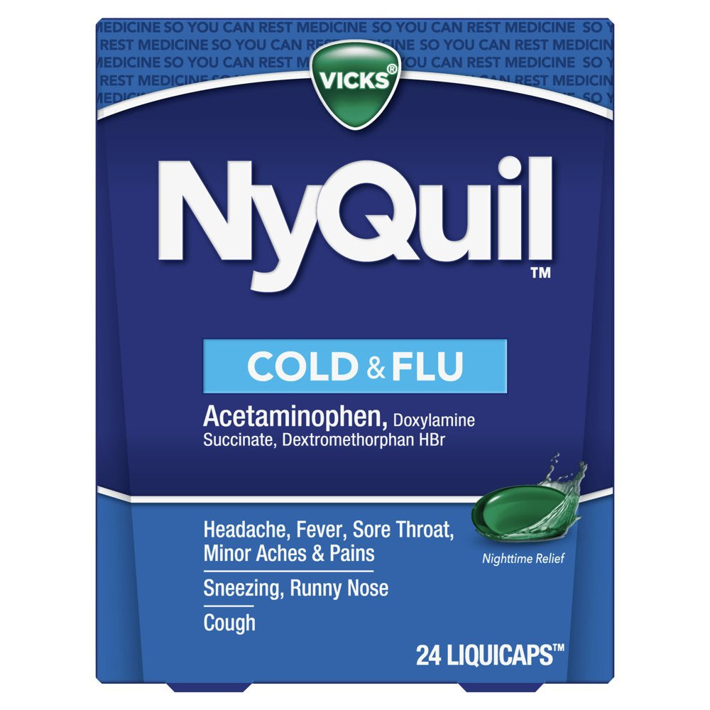 Vicks Nyquil Liquicaps, Nighttime Cold, Cough & Flu Medicine, Over-The-Counter Medicine, 24 Ct