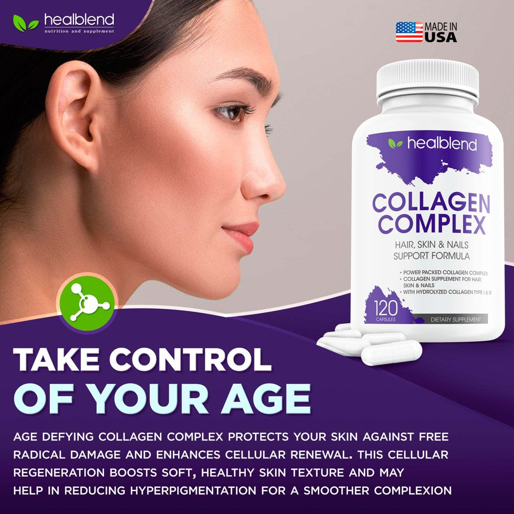 Healblend Collagen Complex - Hydrolyzed Collagen Supplement for Women and Men, Anti-Aging and Healthy Joints, Healthy Skin, Hair and Nails (120 Capsules)