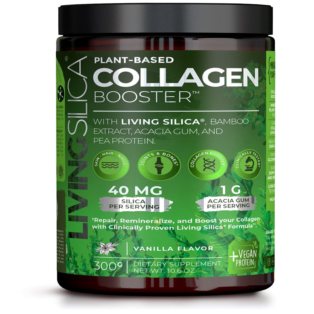 Living Silica Vegan Collagen Booster Powder | Plant Based Collagen Alternative Supplement | with Prebiotic Fiber and Bamboo Extract | Vanilla Flavor | (300 G / 33 Servings).