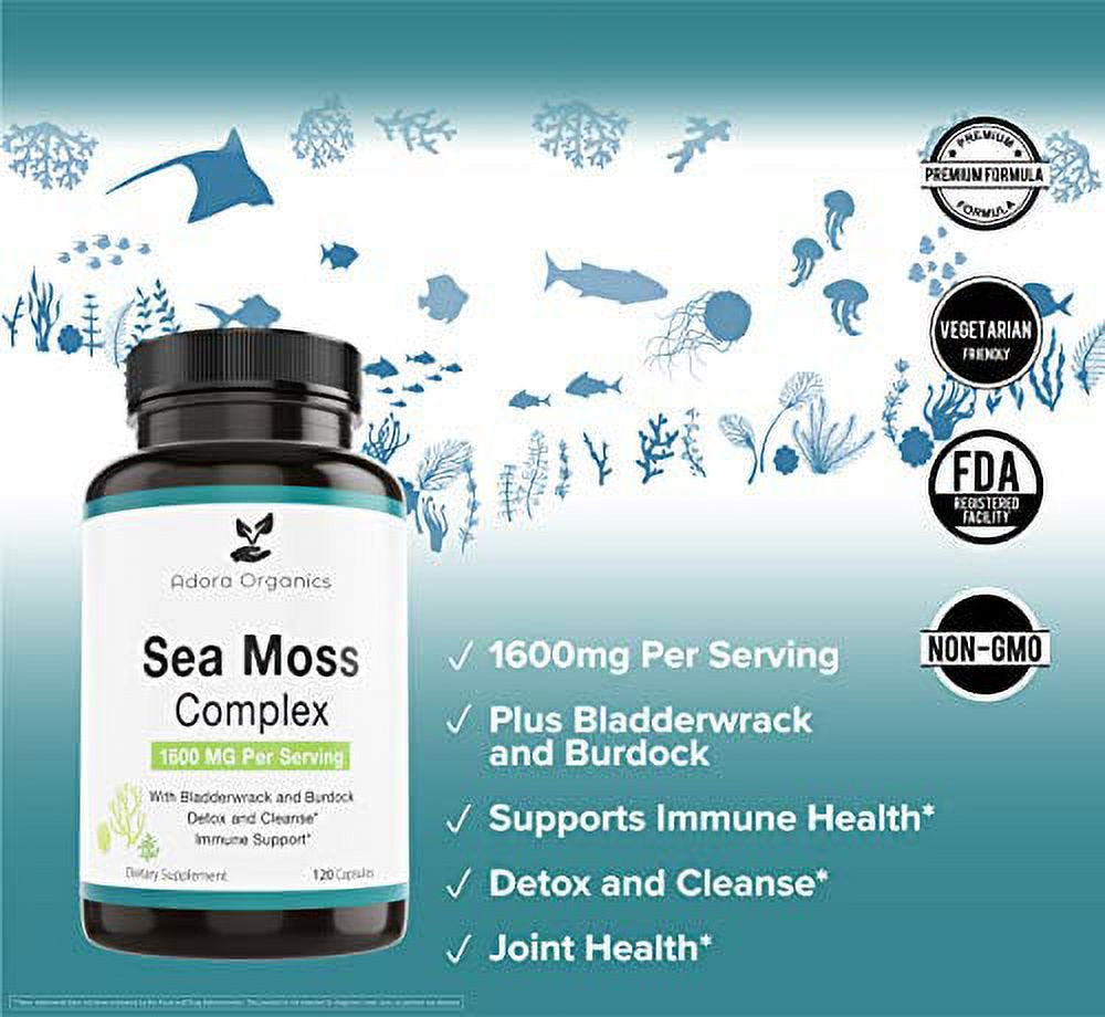 Adora Organic Sea Moss Complex 1600Mg plus Bladderwrack & Burdock - Boost the Immune System & Digestive Health - Cleanse and Detox - Thyroid, Healthy Skin, Keto Detox, Gut.