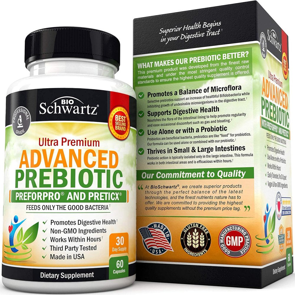 Bioschwartz Prebiotics for Advanced Gut Health - Immune System Support & Dietary Fiber - Promote Digestive Health - Gas & Digestion Support - Probiotics for Men & Women - 60 Capsules