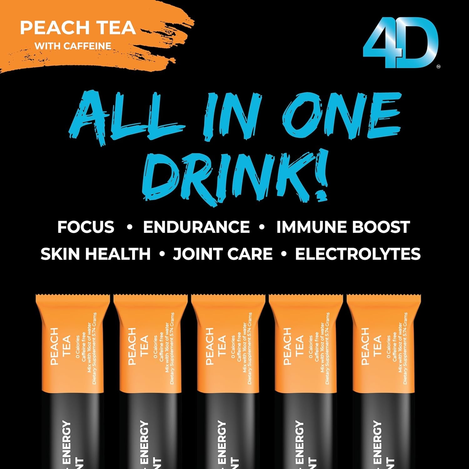 4D Clean Energy Drink Mix + Electrolytes + Immune Support + Multivitamins + Joint and Skin Support (Peach Tea Flavor with Caffeine, 25 Pack)