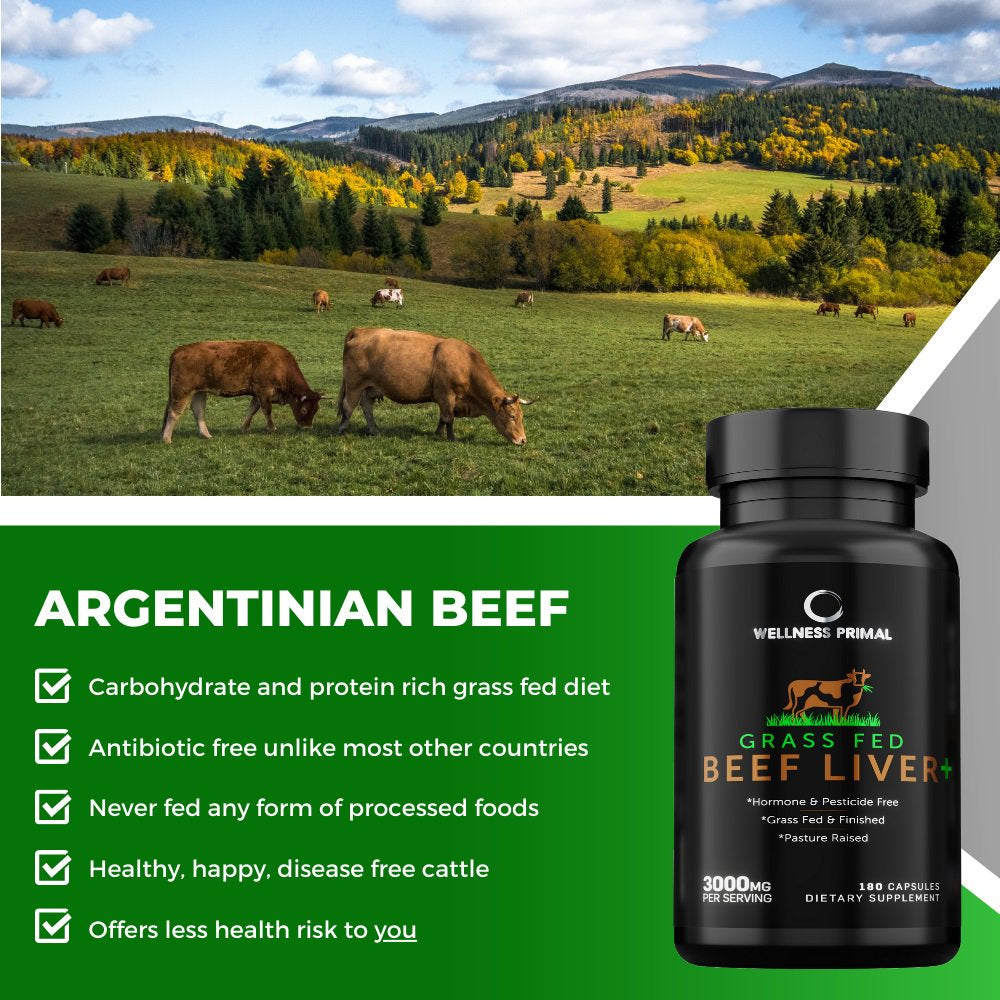 Wellness Primal Beef Liver plus Supplement (Desiccated) Grass Fed , Argentinian Raised Cattle Natural Iron, Vitamin A, B12 for Energy (180 Capsules)