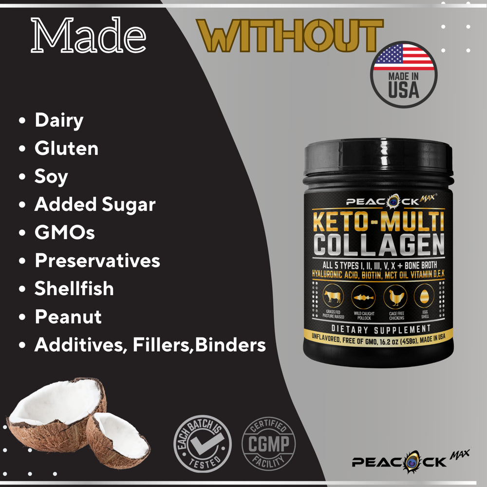 Peacock Max Collagen Powder Unflavored 5 Type Hydrolyzed Peptides Protein Keto MCT Oil Bone Broth Hyaluronic Acid Biotin Vitamin D E K 35 Servings 16 Oz W