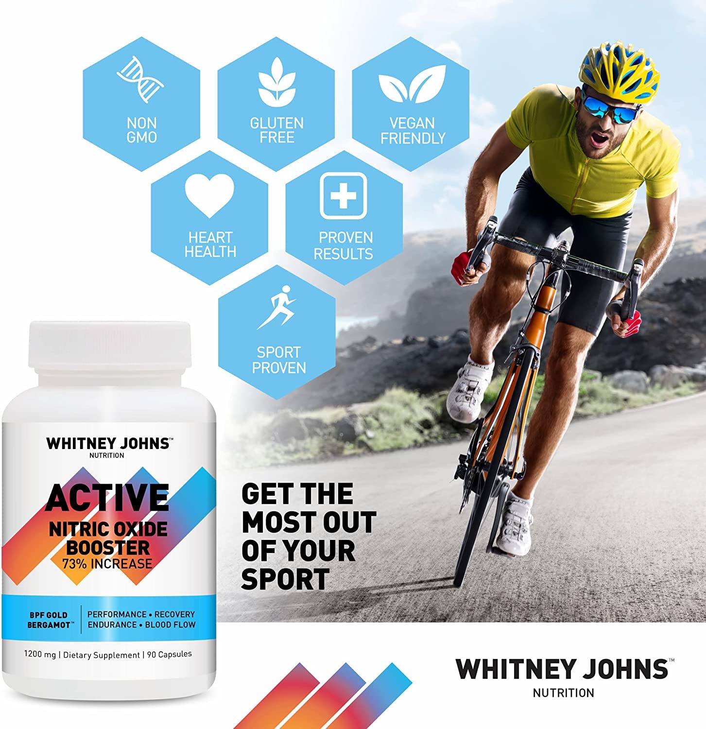 Whitney Johns Nitric Active - Nitric Oxide Booster Clinically Tested for a Natural Energy Pure Boost of Athletic Performance, Endurance, Increased Oxygen Intake (VO2 Max) & Workout Recovery - 90 Caps