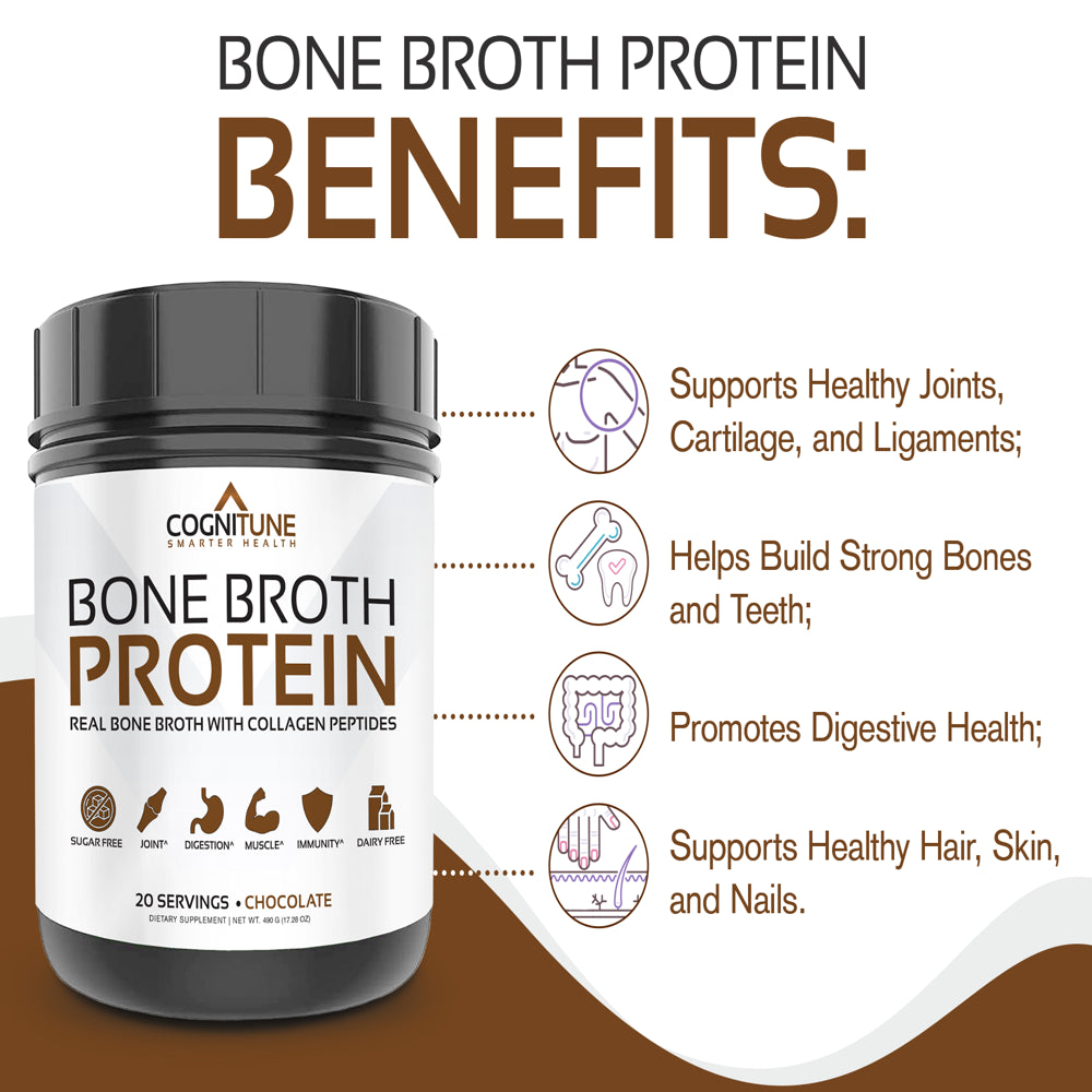 Cognitune Bone Broth Chocolate Protein Powder for Immune Support, Grass Fed Collagen Peptides, No Sugar, Paleo & Keto Friendly, Dairy Free, Gluten Free - 20G Protein 20 Servings