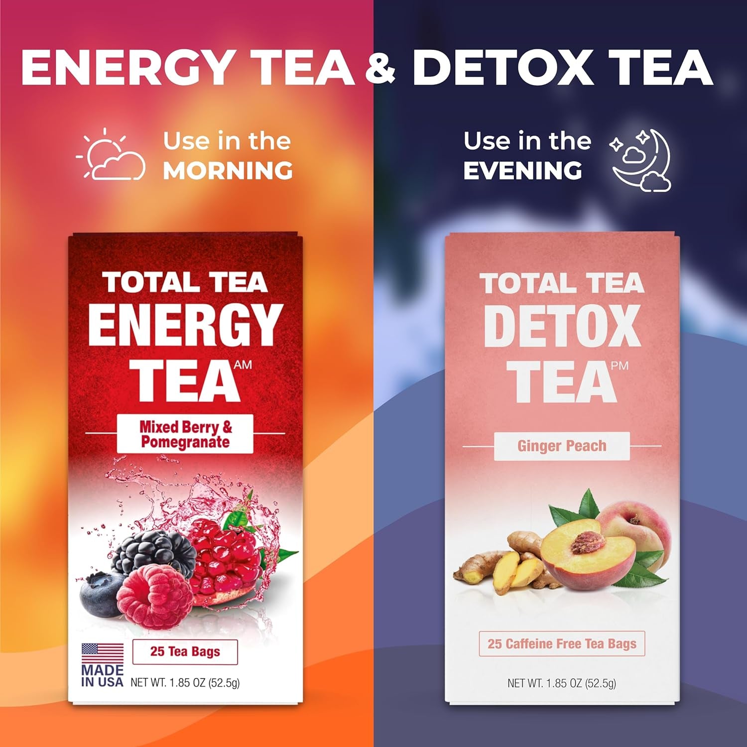 Total Tea Siimming Detox Tea Caffeine Free - 25 Day Detox Tea - Herbal Siim Tea with Chamomile, Hibiscus Tea & Ginger Root for Colon Cleanse – Natural Herbal Ginger & Peach Tea for Digestive Health