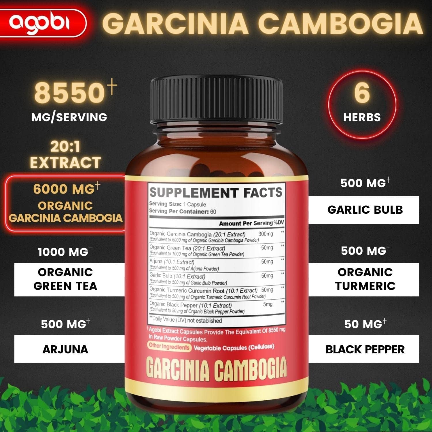 6In1 Garcinia Cambogia Extract Capsules 4 Months - 20:1 Extract 8550Mg with Organic Green Tea, Arjuna, Garlic Bulb, Turmeric & Black Pepper - Balace Body, Mood & Immune Support - 2 Packs 60 Counts