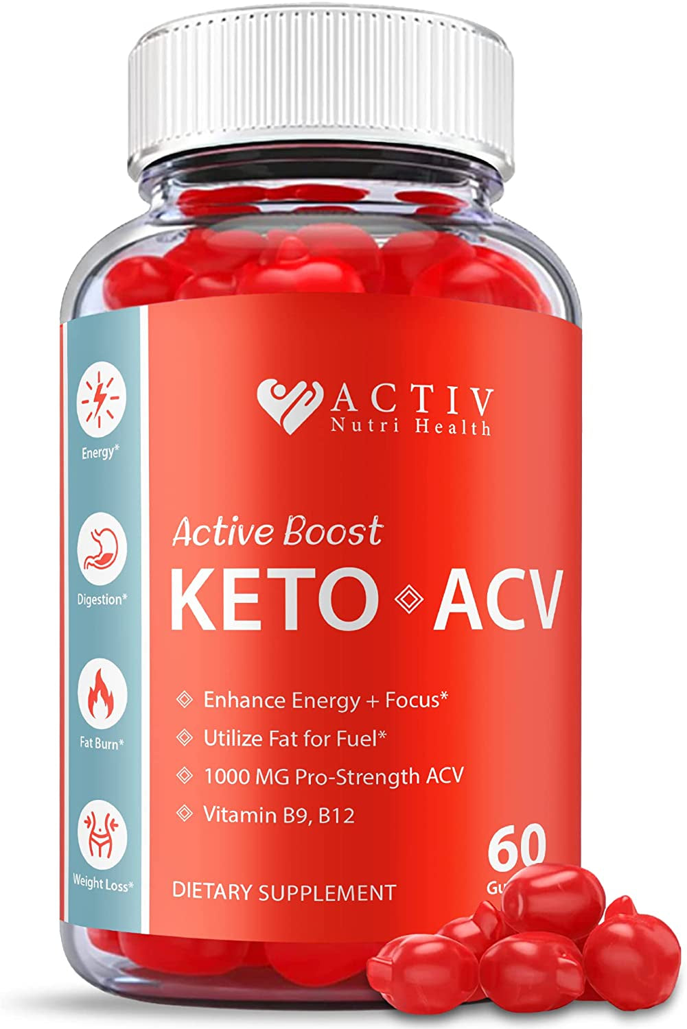 Activ Keto ACV Gummies, Active Boost Keto Gummies, Vegan Formula, 1000Mg, Activ Keto Act Gummies, Activ Boost Keto ACV, Active Boost Keto ACV Gummies with Apple Cider Vinegar, Vitamin B (60 Gummies)