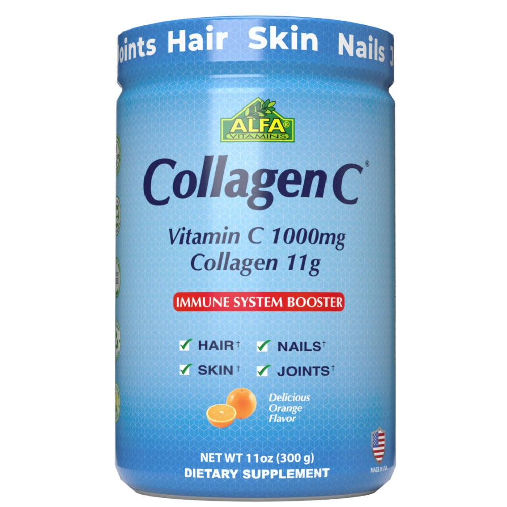 Collagen Hydrolysate Peptides Powder Supplement by ALFA VITAMINS - Nutrients, Minerals, Antioxidants - Skin, Hair, Nails & Joints Support - Orange Flavor -11 OZ