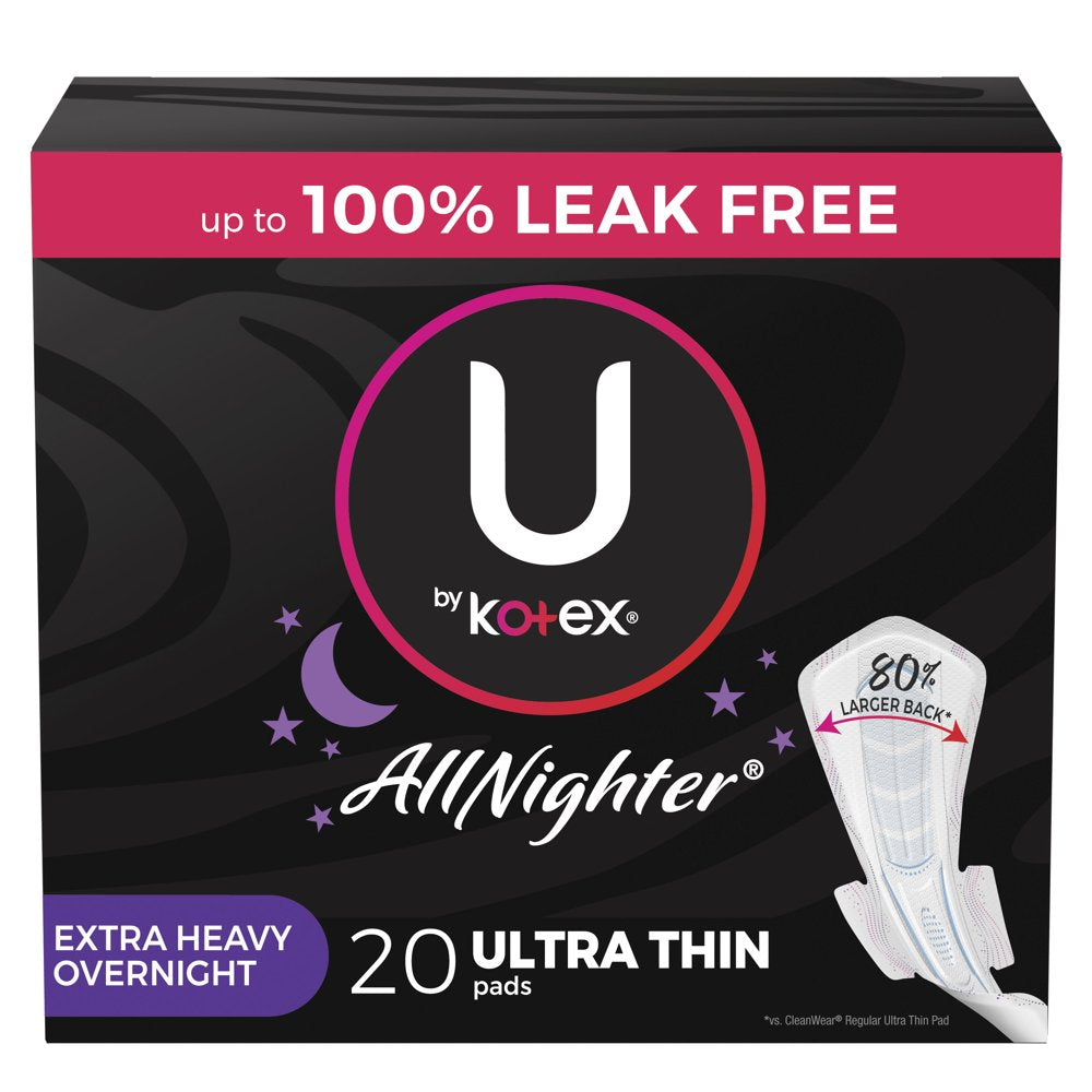 U by Kotex Allnighter Ultra Thin Extra Heavy Overnight Pads with Wings, 20 Count