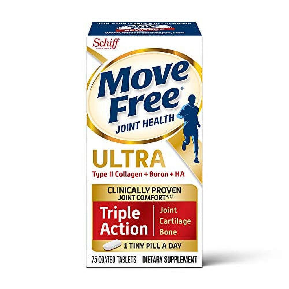 Type II Collagen, Boron & HA Ultra Triple Action Tablets, Move Free (75 Ct), Joint Health Supplement with Just 1 Tiny Pill per Day to Promote Joint, Cartilage and Bone Health (Pack of 2)