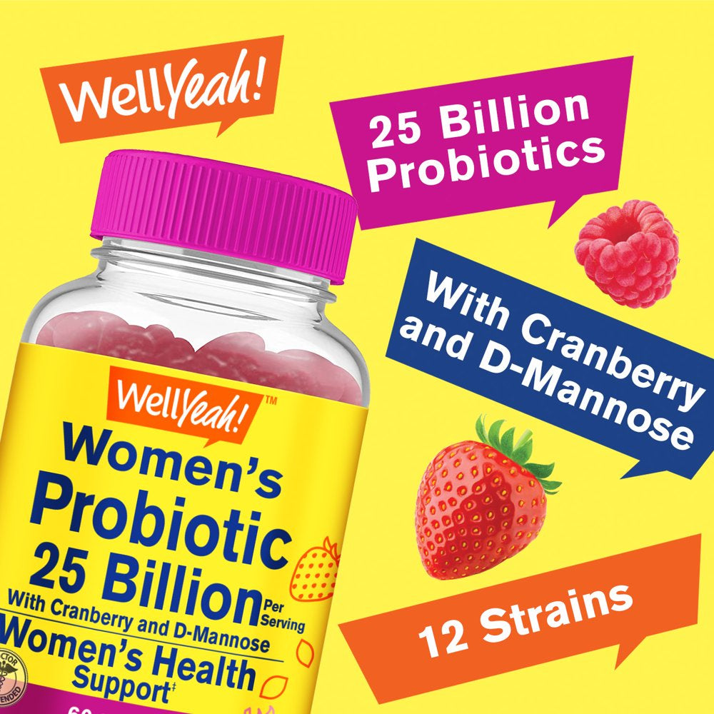 Wellyeah 25 Billion Probiotics for Women with Cranberry and D-Mannose Gummies - Vaginal Health, Digestive Support, Gut Health, and Feminine Health - Womens Probiotic with 12 Strains - 60 Gummies