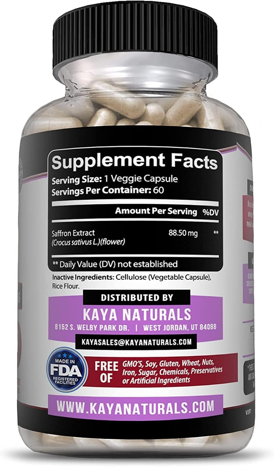 Kaya Naturals Saffron Supplement Capsule - 100% Pure Saffron Extract with Natural Ingredients | Boost Energy & Mood, Support Eye & Heart Health, 60 Count