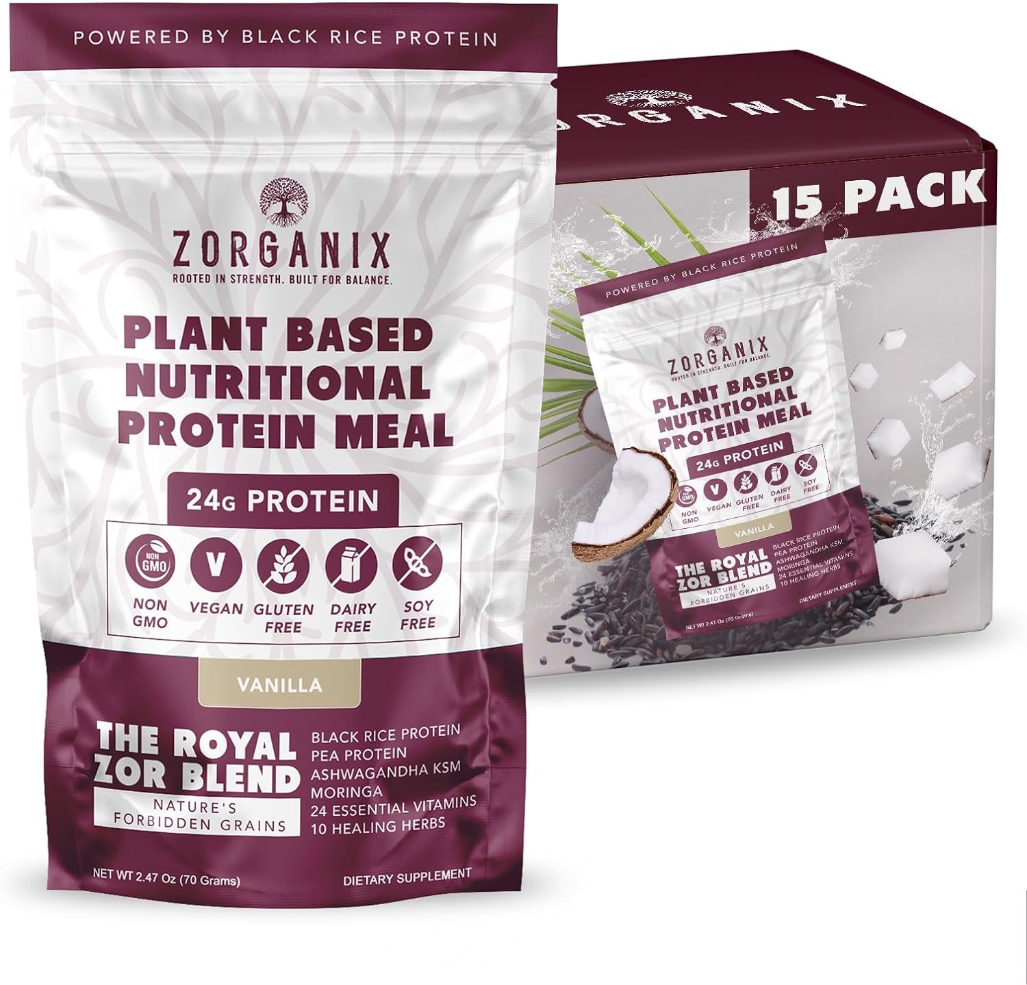 Zorganix Black Rice Protein Powder; Plant Based Organic Protein Powder Meal Replacement Shake; 15 Single Serve Packs with 24G of Protein per Serving; Vegan & Gluten Free; 2.32 Pounds (Vanilla)