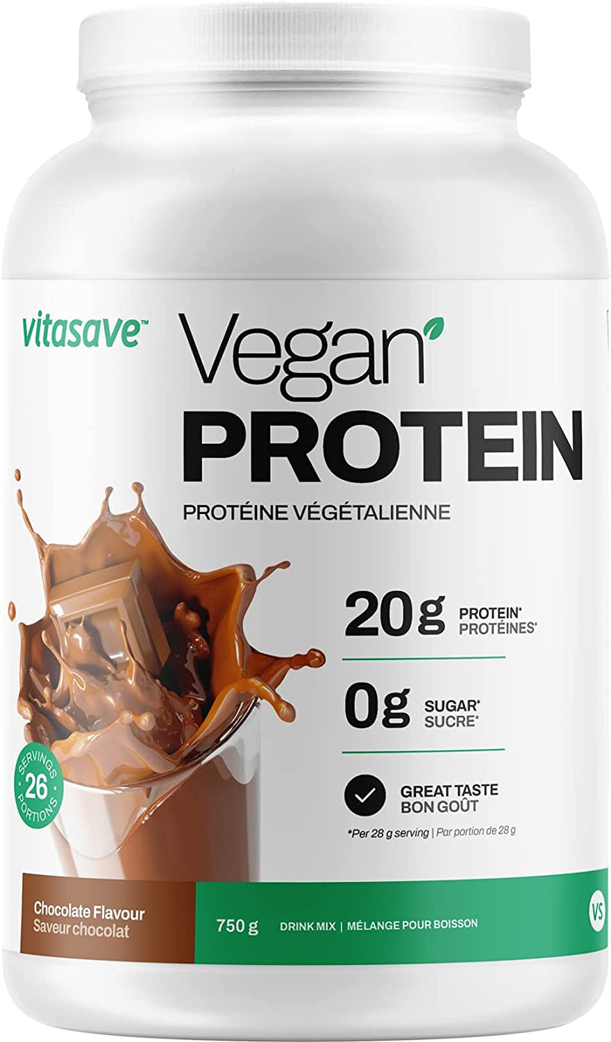 Vitasave Vegan Protein Powder (Highest Number of Servings)-Natural Chocolate Flavor, 20G Plant Based Protein, 26 Servings, 750G Tub, Soy Free, Gluten Free, Dairy Free and Sugar Free