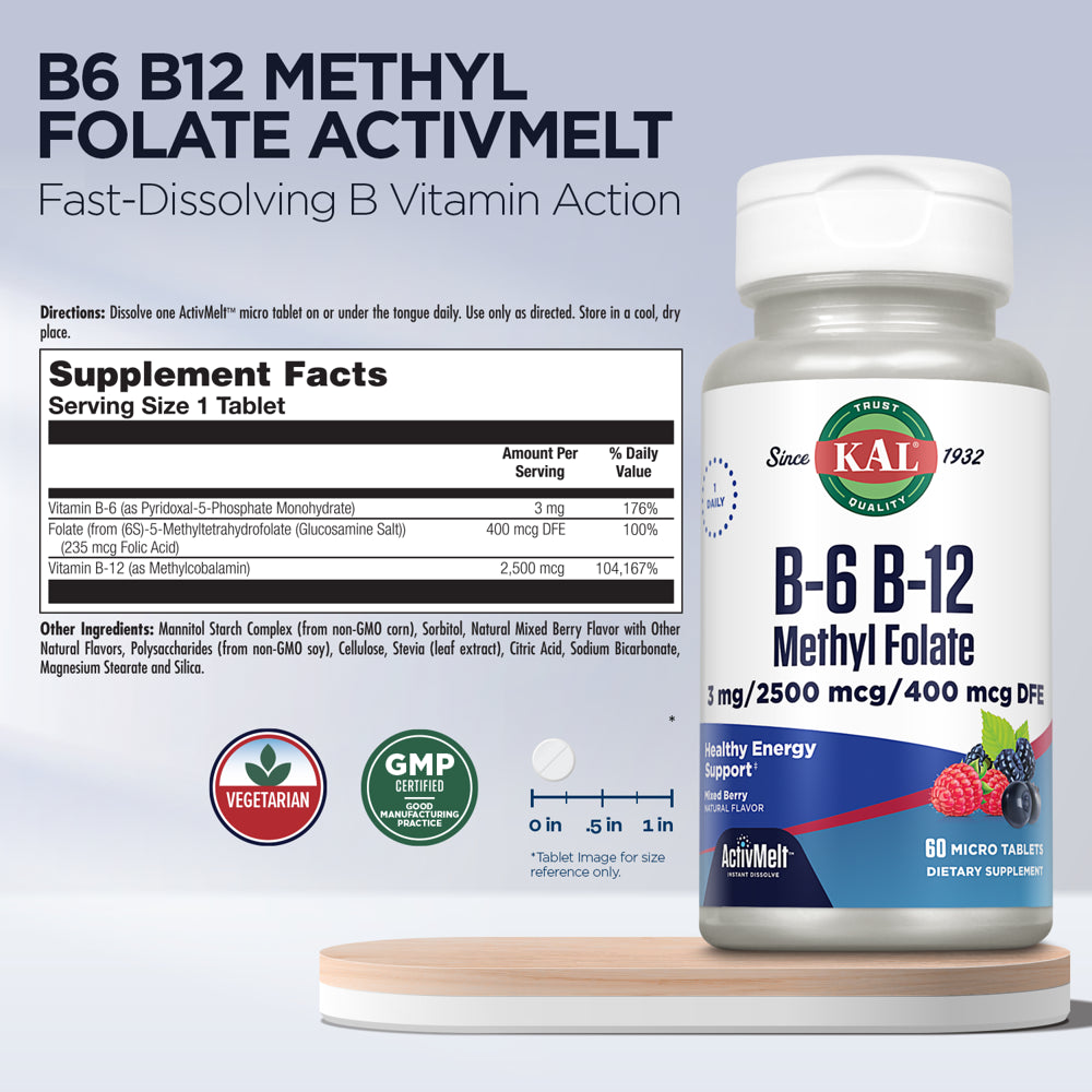 KAL B-6, B-12 Methyl Folate Activmelt | Healthy Heart & Energy Support | Natural Mixed Berry Flavor | Active, Coenzyme Forms | 60 Micro Tablets