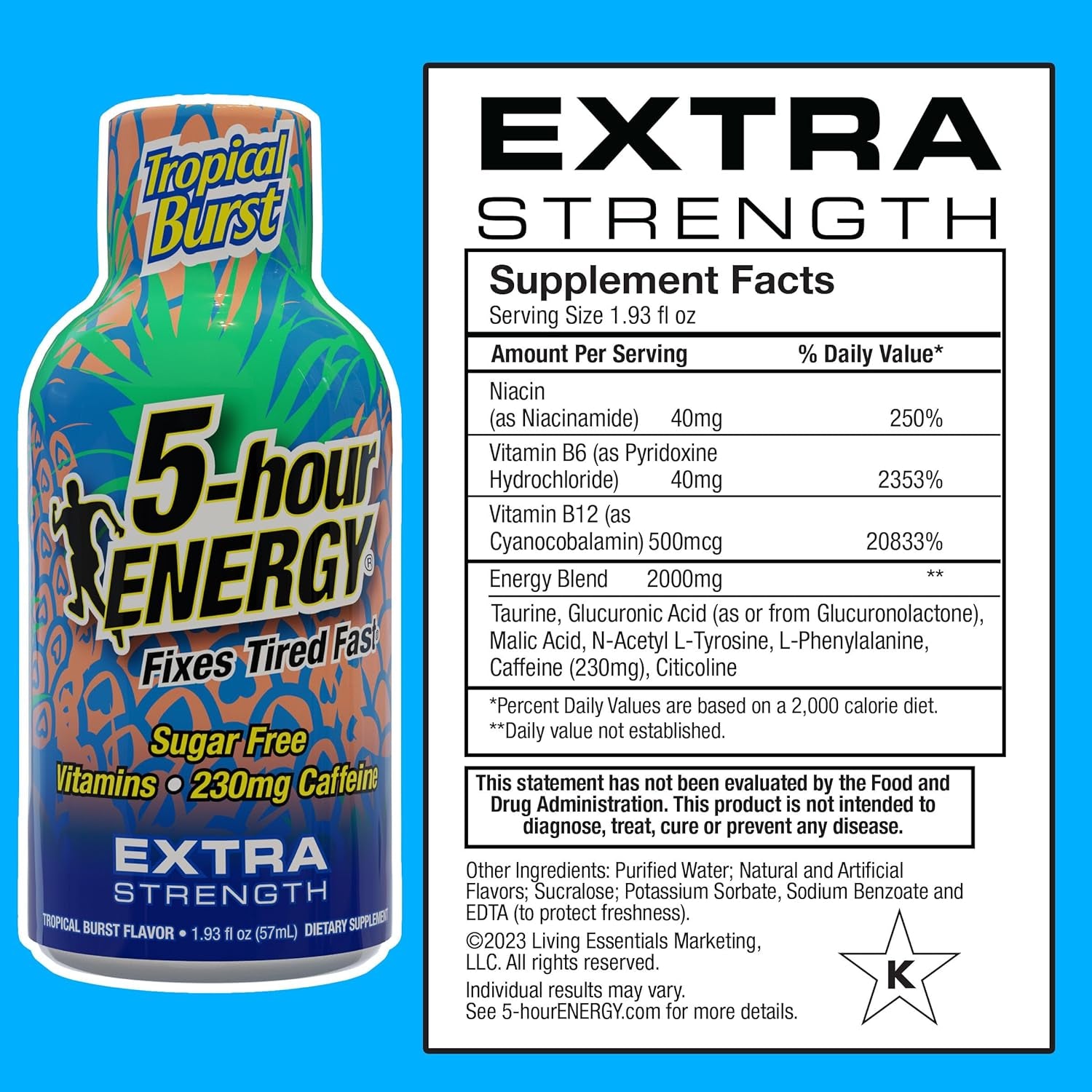 5-Hour ENERGY Extra Strength Energy Shot | Tropical Burst Flavor | 1.93 Oz. | 24 Count | Sugar-Free & Zero Calories | B-Vitamins & Amino Acids | 230Mg Caffeinated Energy Shot | Dietary Supplement