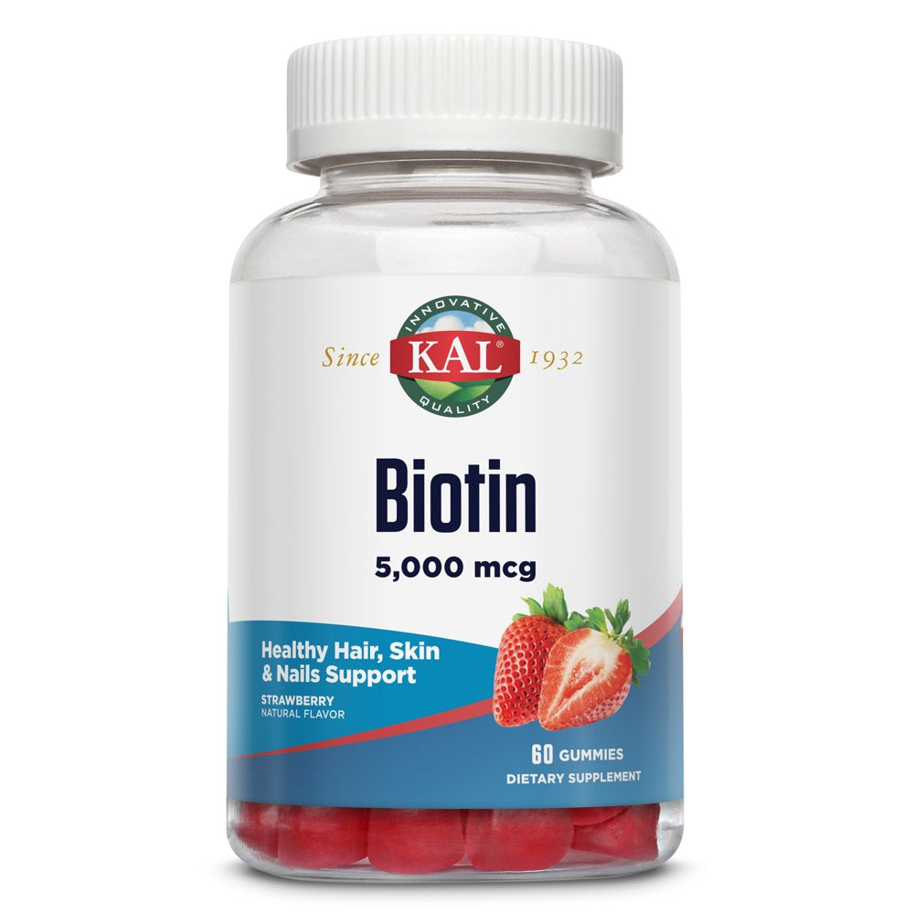KAL Biotin Gummies 5,000 Mcg | Healthy Hair Skin and Nail Support | Vegetarian | Strawberry | 60Ct, 30 Serv.