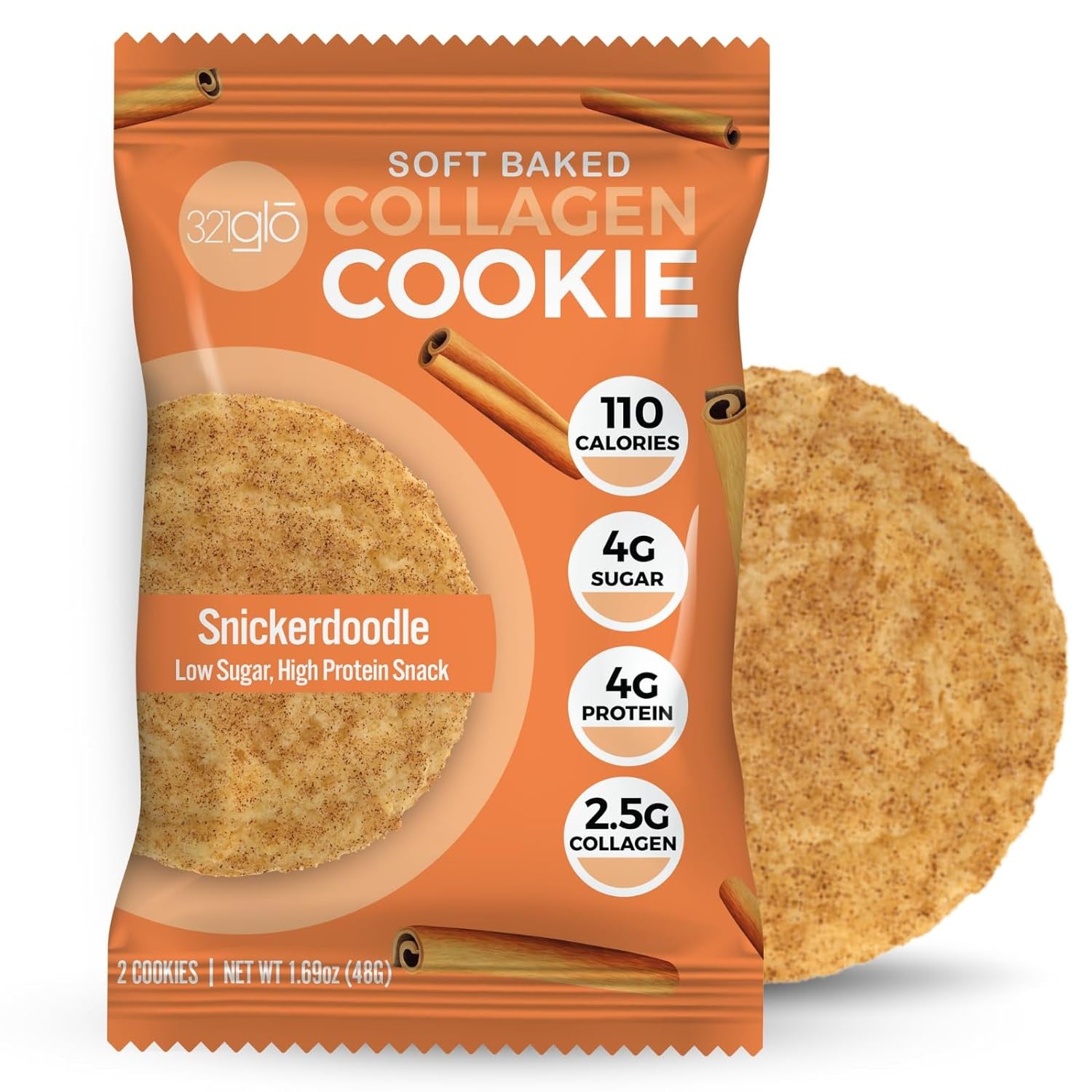 321Glo Collagen Cookies | Soft Baked, High Protein Cookies | Low Carb, Low Sugar | Keto Snack for Women, Men, & Kids | 12 Pack (Snickerdoodle)