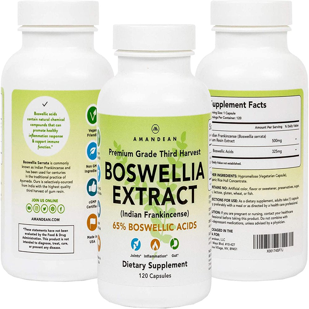 Amandean Boswellia Serrata Extract. 500Mg 120 Veggie Capsules. 65% Boswellic Acids with AKBA. Natural Ayurvedic Supplement (Indian Frankincense). Premium 3Rd Harvest.