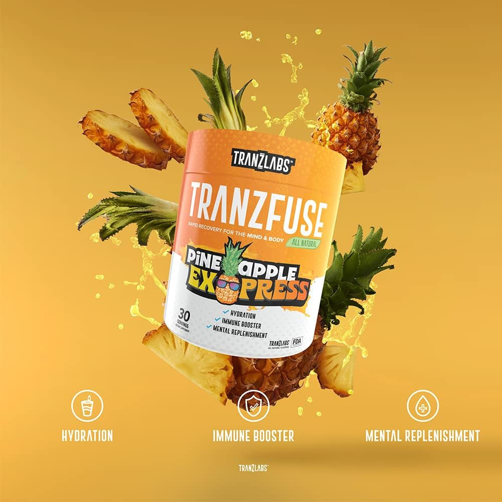 Tranzfuse Hydration Immunity Drink Mix - Coconut Hydration Powder L 30 Servings L All Natural Electrolyte Mix L 1500Mg Vitamin C plus Zinc L-Glycine Magnesium Citrate and More (Pineapple Express)