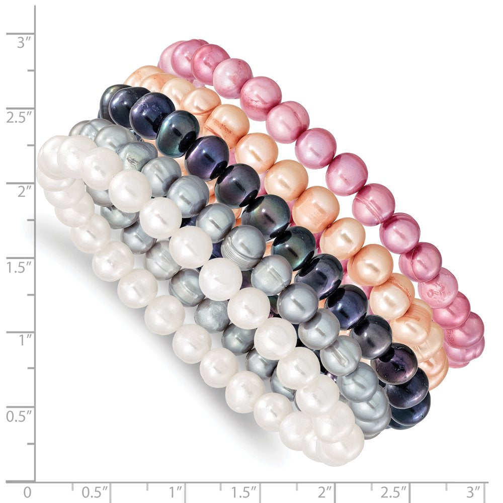 7-8Mm White/Grey/Black/Pink/Purple Freshwater Cultured Pearl Stretch 5 Piece Bracelet Set QH5195SET