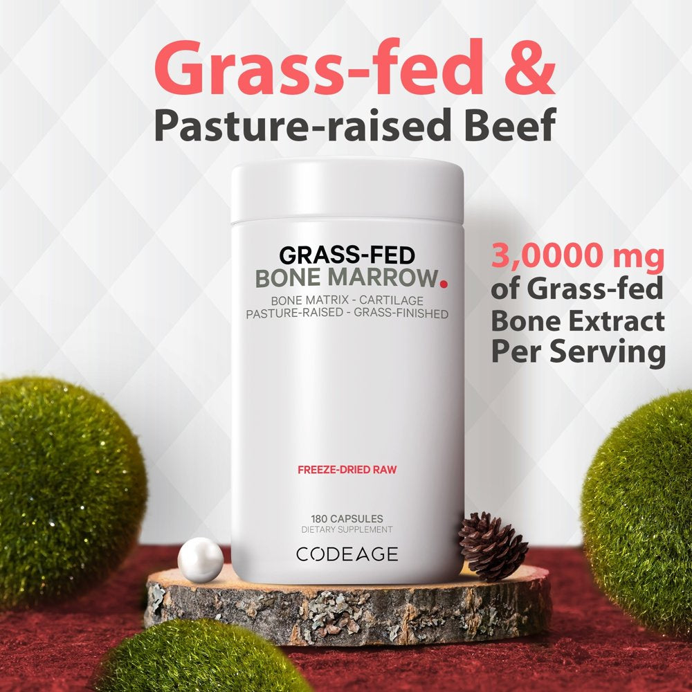 Codeage Grass-Fed Bone Marrow, Bovine Whole Bone Extract, Freeze Dried, Non-Defatted, Desiccated, 180 Ct