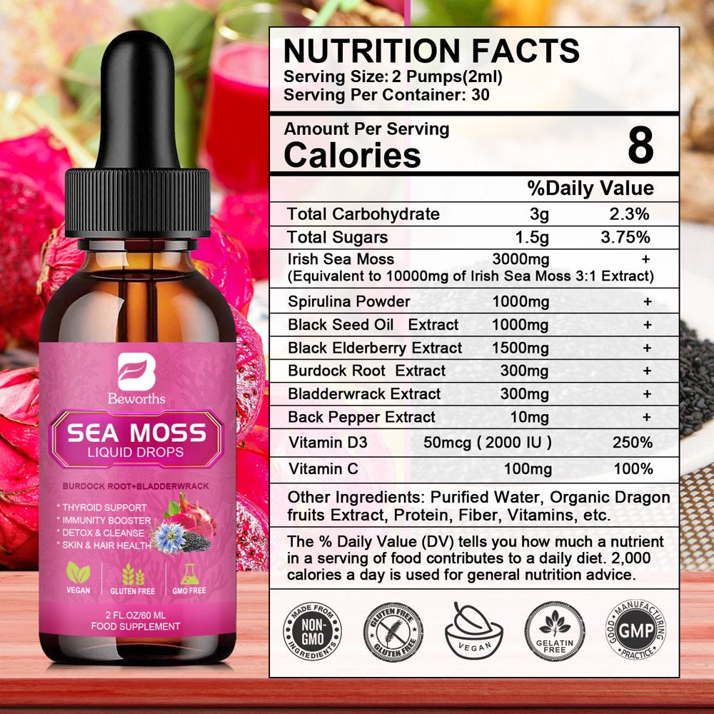 Beworths 3000Mg Irish Sea Moss Liquid Drops,With Bladderwrack and Burdock Root,For Immunity Booster, Joint & Thyroid - 2.03Oz