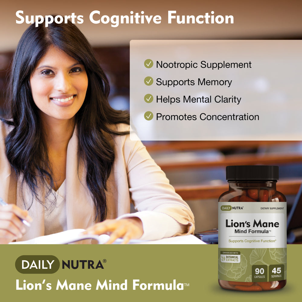 Lion’S Mane Mind Formula by Dailynutra - Nootropic Supplement for Cognitive Brain Health | Organic Mushroom Extract with Bacopa, Gingko, and Gota Kola (90 Capsules)