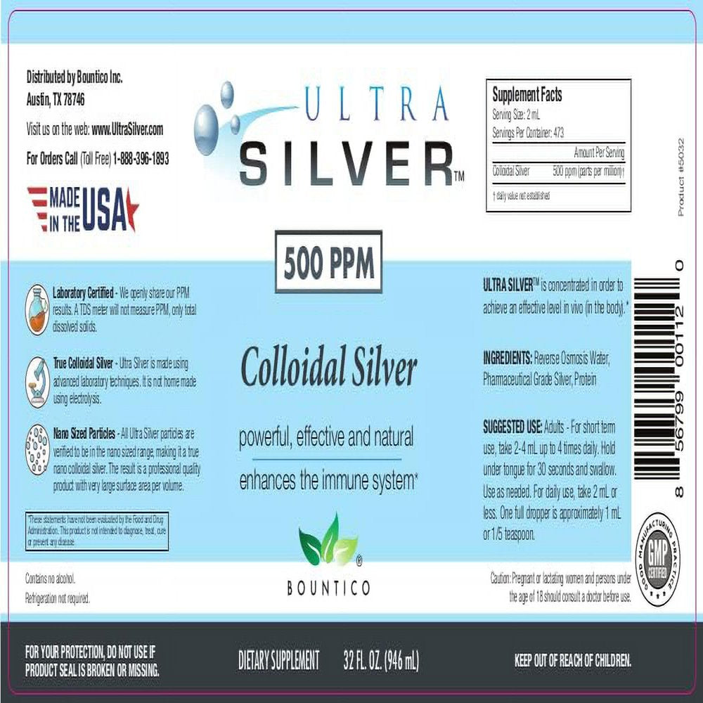 Ultra Silver® Colloidal Silver | 500 PPM 32 Oz (946Ml) | Mineral Supplement | True Colloidal Silver - 4 Oz Dropper Bottle (Empty) Included for Dispensing!